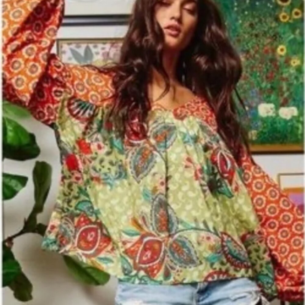 BUCKET LIST Lydia Mixed Print Ballon Sleeve Prairie Poplin Top